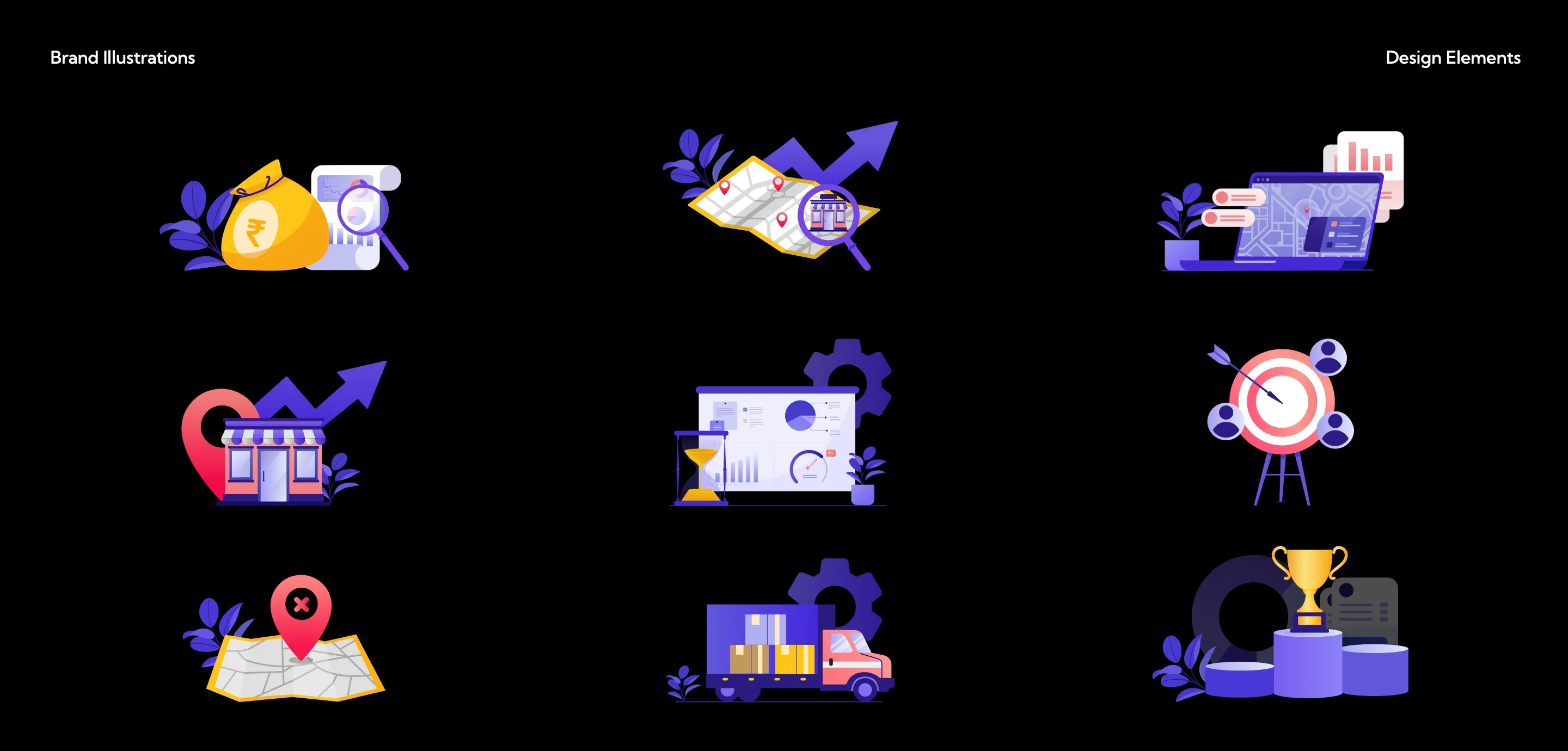Nine brand illustrations in purple, coral and yellow: a rupee bag under a magnifier, a map with a rising arrow, a dashboard, a storefront with a location pin, analytics with an hourglass, a target with people, a map with a cross pin, a delivery truck, and a trophy on a podium.