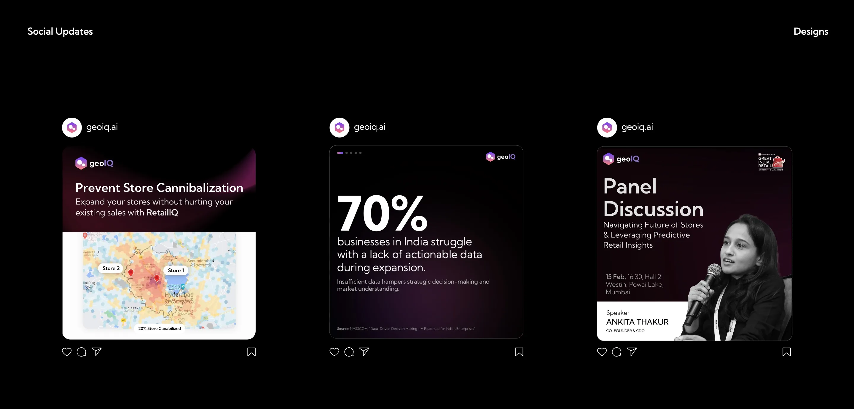 Three social posts: 'Prevent store cannibalisation' over a heat map, '70% of businesses in India struggle with a lack of actionable data', and a panel-discussion announcement.