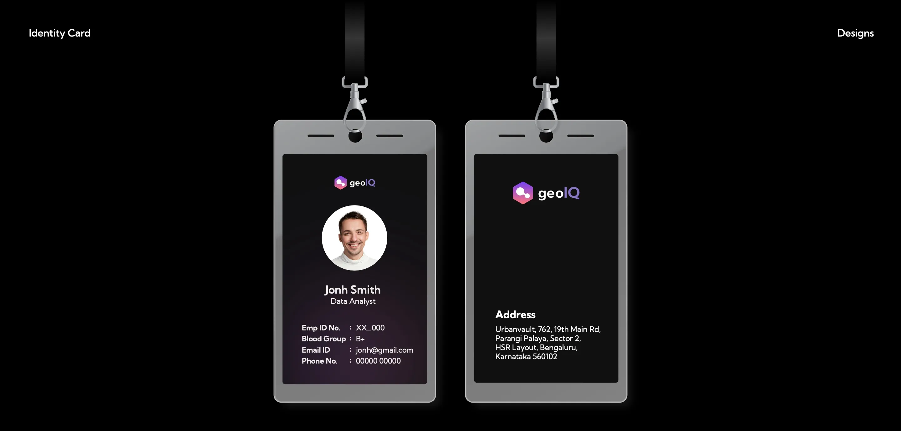 Employee ID card, front and back, on lanyards: dark card with the GeoIQ logo, a portrait and staff details on the front and the office address on the back.