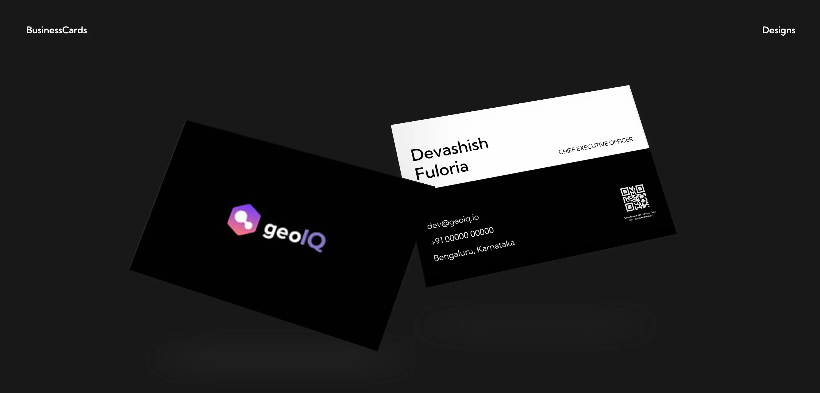 Business cards: a black front with the GeoIQ logo, and a back with the name, title, contact details and a QR code.