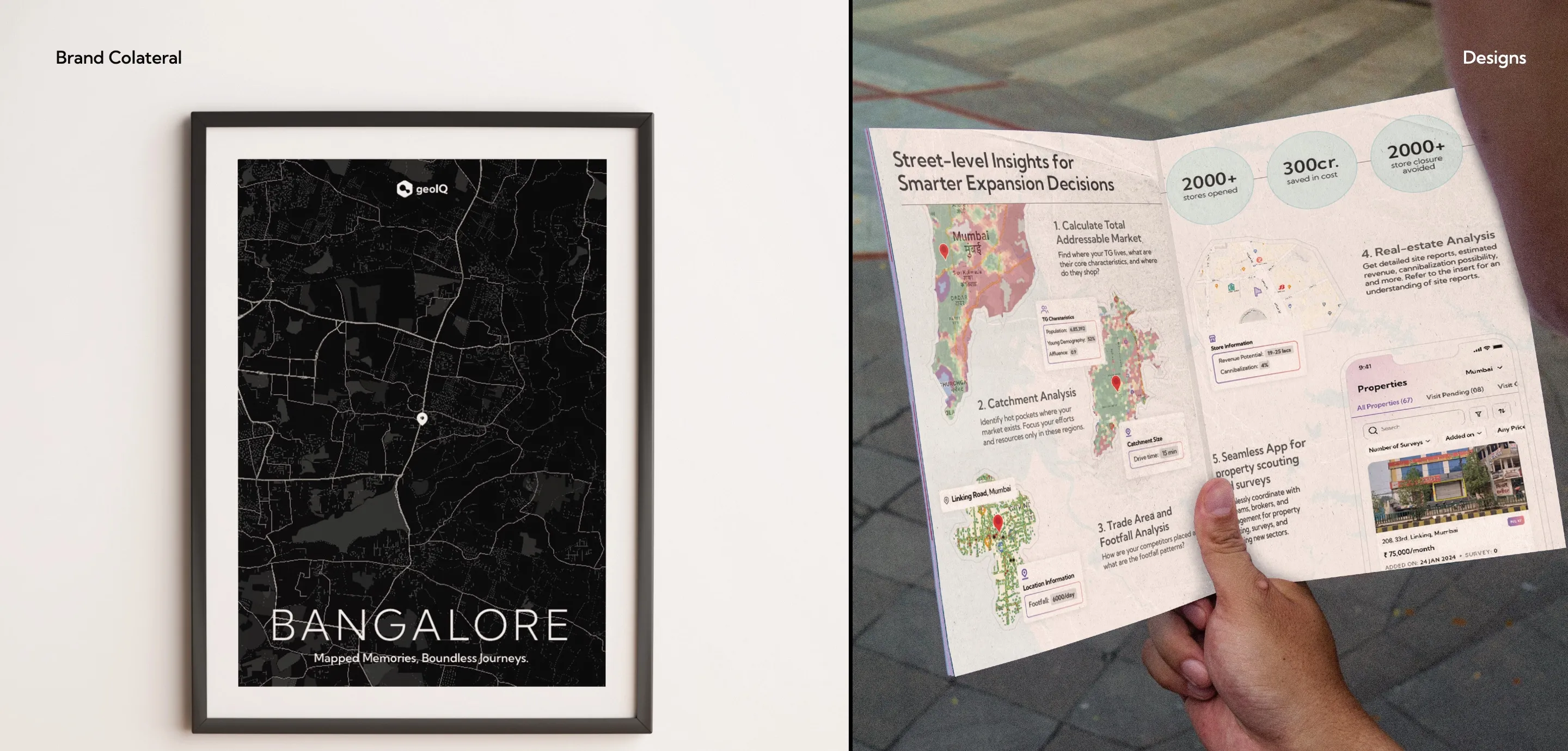Brand collateral: a framed 'Bangalore: Mapped memories, boundless journeys' map poster, and a hand holding an open brochure titled 'Street-level insights for smarter expansion decisions'.