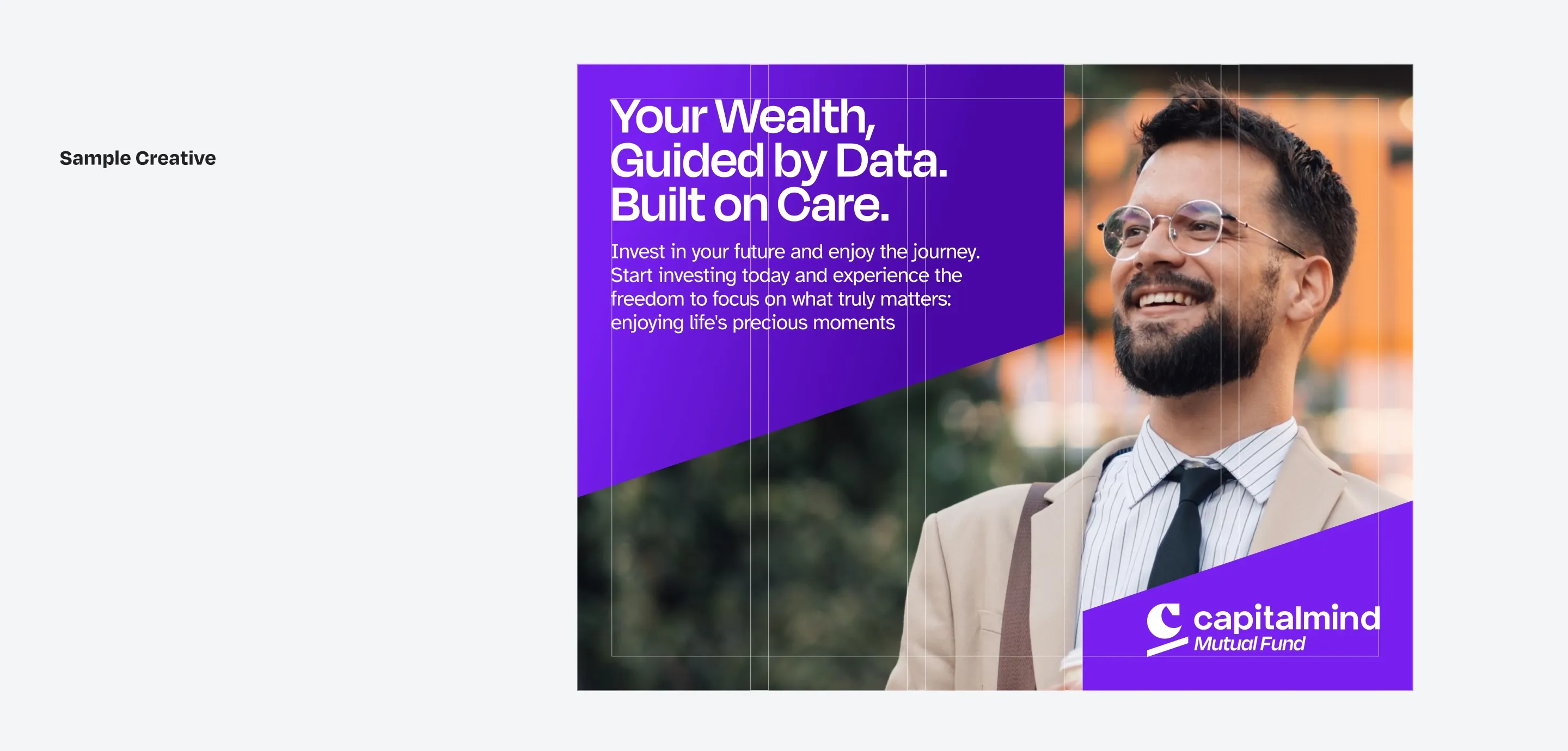 A sample creative on the brand grid: 'Your Wealth, Guided by Data. Built on Care.' on a purple panel, beside a photo of a smiling man in a suit.