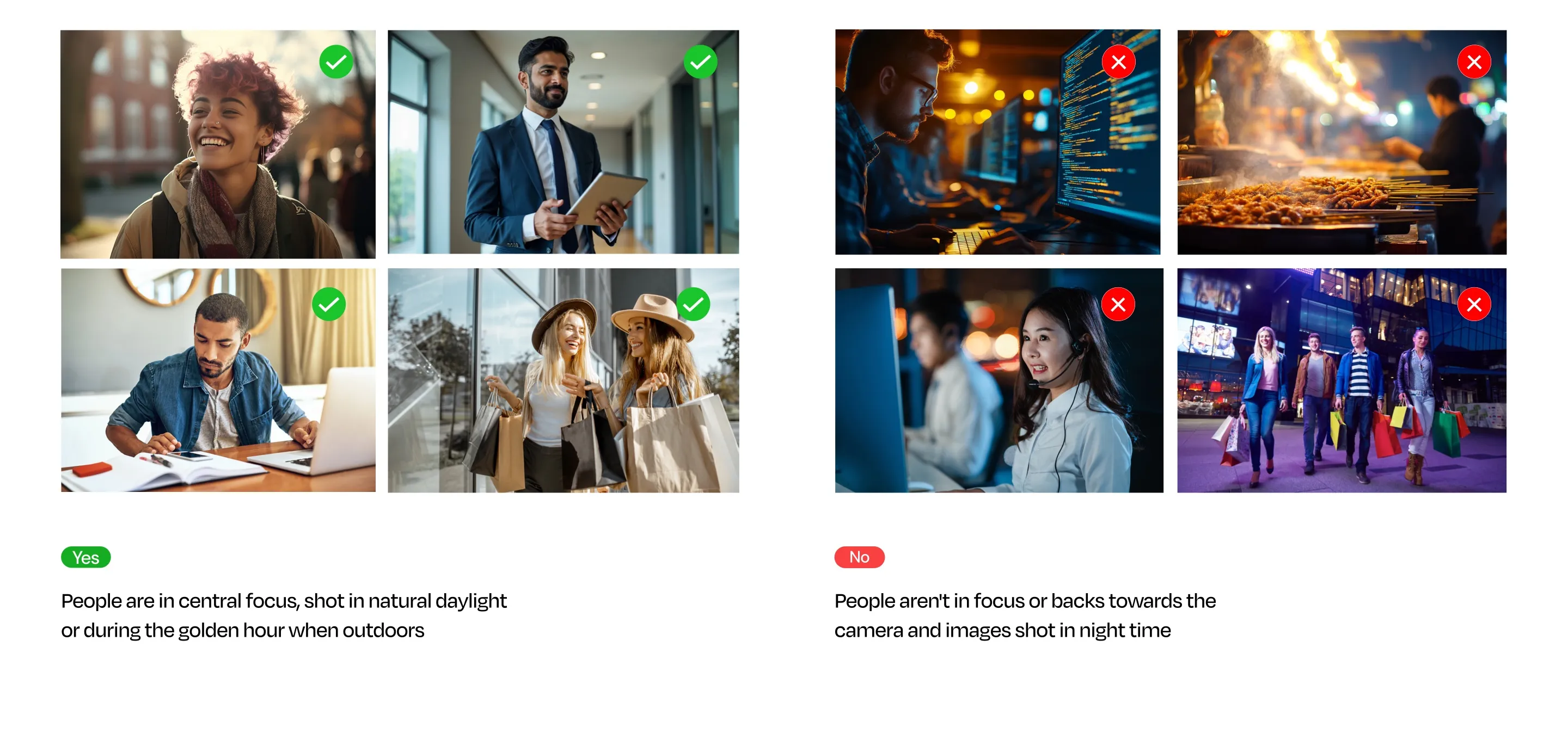 Photography dos and don'ts: people in central focus, in natural daylight, marked yes; people not in focus, backs to the camera, or shot at night, marked no.