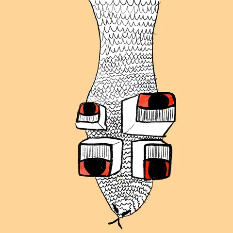 A scaly snake hanging head-down with four boxy red-and-black eyes, on a peach background.