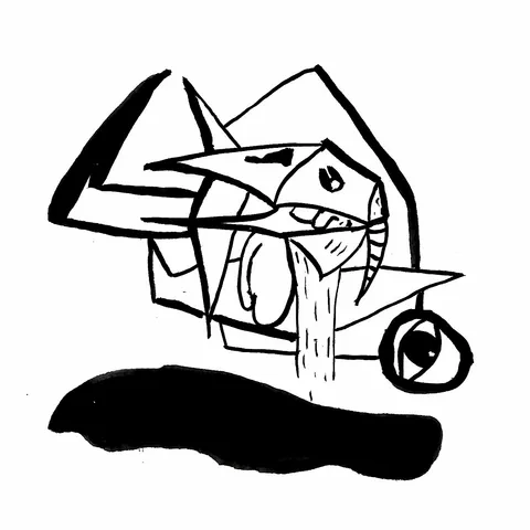A cubist brush-ink head with a pointed hat and a stream pouring from its mouth into a black puddle, an eye on a wheel.