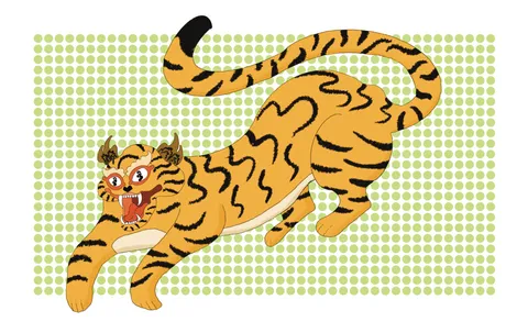 A wide-eyed tiger with swirling stripes leaping across a grid of green dots.