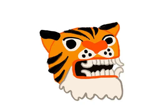 A digital folk-style tiger mask in orange and black with a wide-open mouth of white teeth.