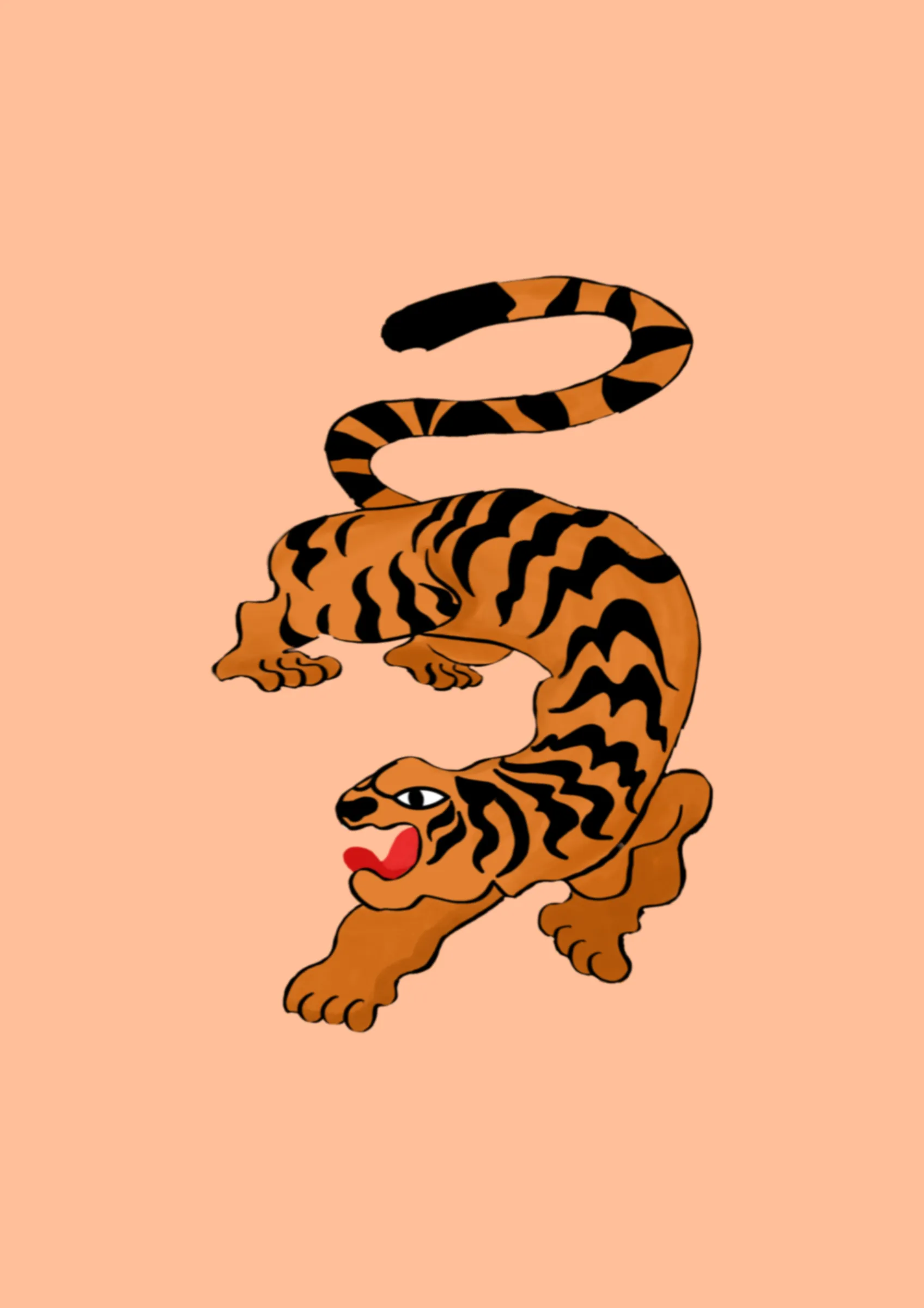 A striped orange tiger coiled into an S shape, tongue out, on a peach background.