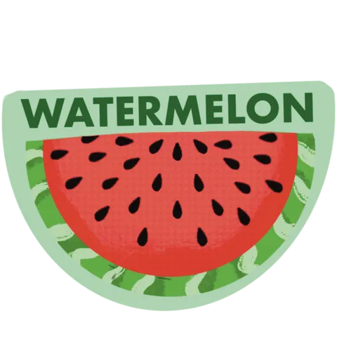 A half-moon watermelon sticker with the word WATERMELON above a red slice full of black seeds.