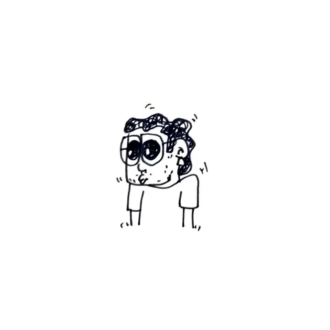 A tiny doodle of a curly-haired boy with huge glasses and big dark eyes.